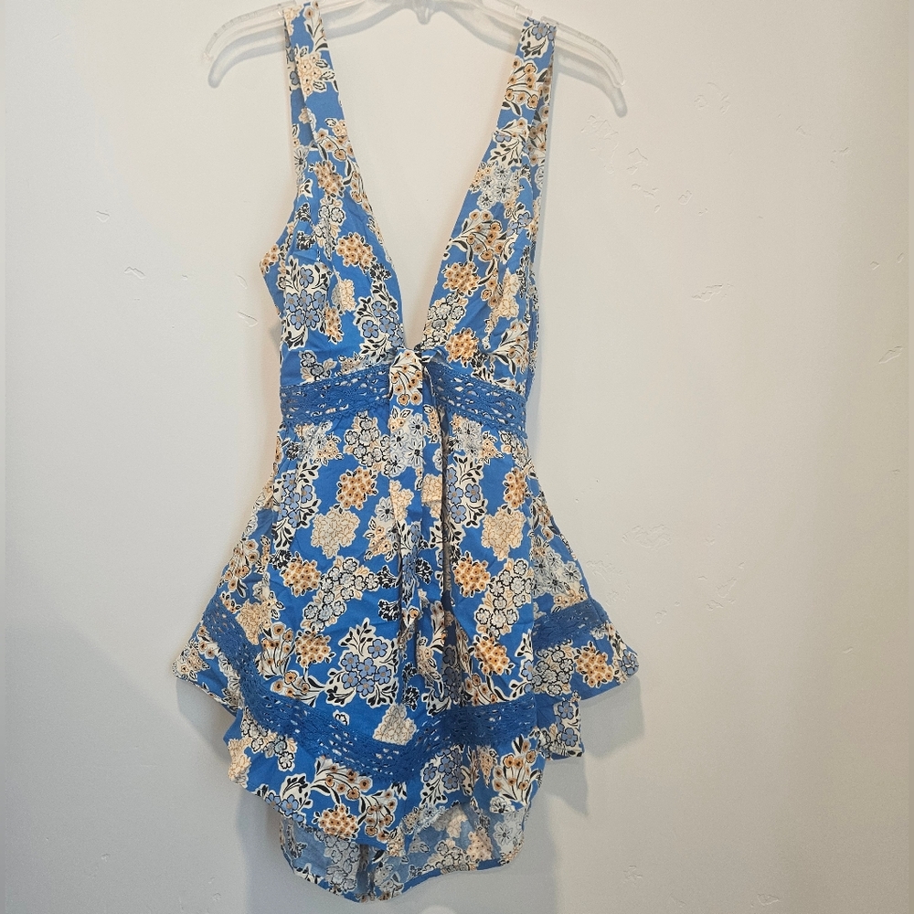 Floral Blue and Beige Ruffle Rhomper
